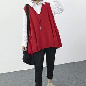 Red Cotton Knit Sweater Vest 100% Cotton w/ Pockets